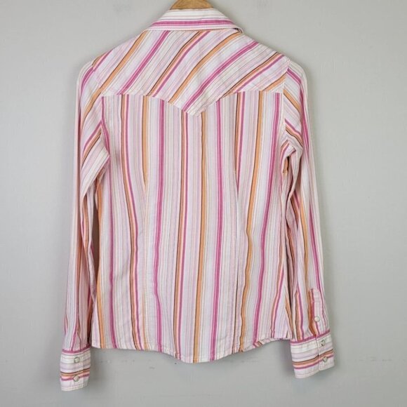 TRUE religion snap pearl button down shirt stripes pink orange western S - Picture 5 of 12